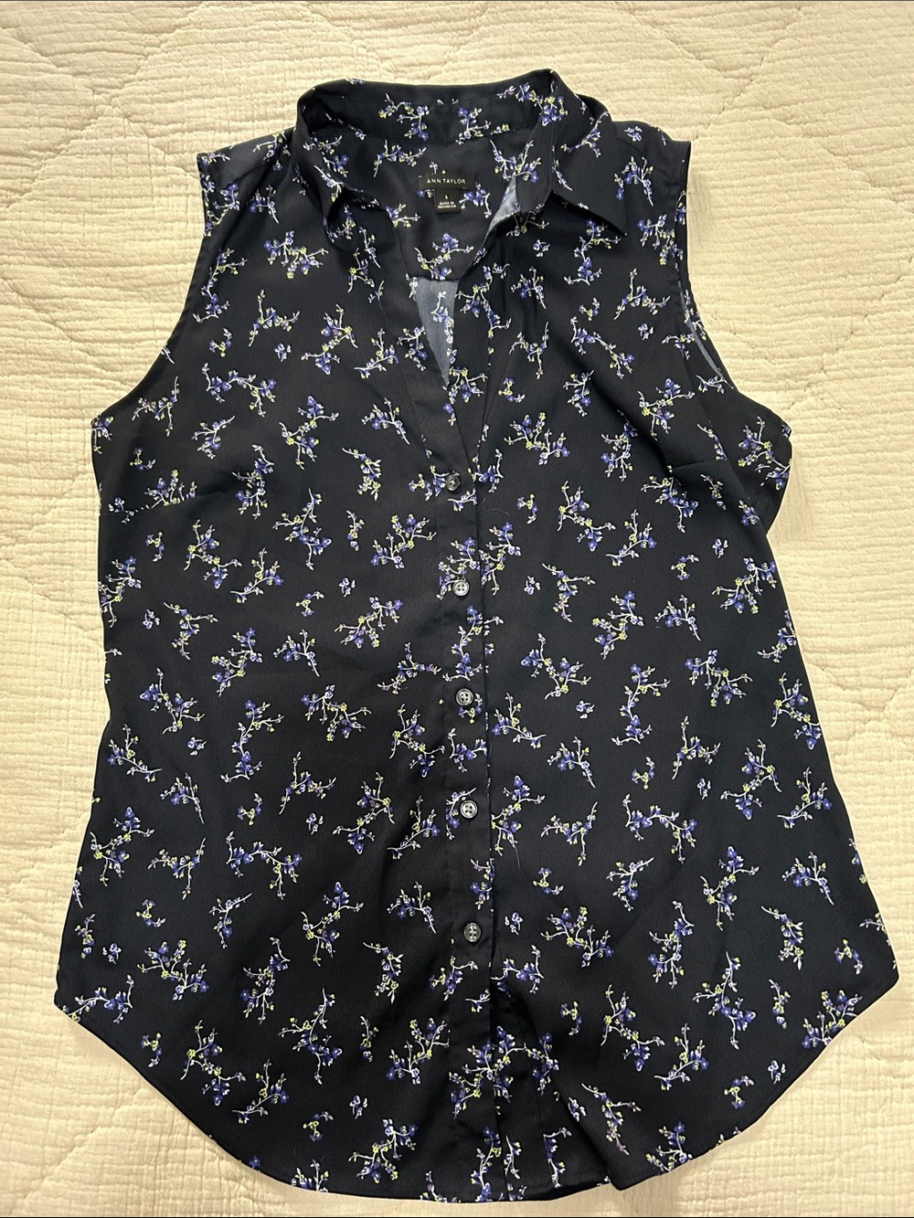 Ann Taylor Blue Sleeveless Button-Front Blouse with Blue Floral Sprigs